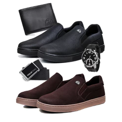 Kit 2 Tênis Masculino Slip On Sapatênis Casual Básico Polo Fran Com Carteira Cinto e Relógio- Bali