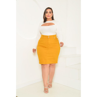 Saia Jeans Plus size. Colorida com elastano cintura alta. Cor amarelo mostarda