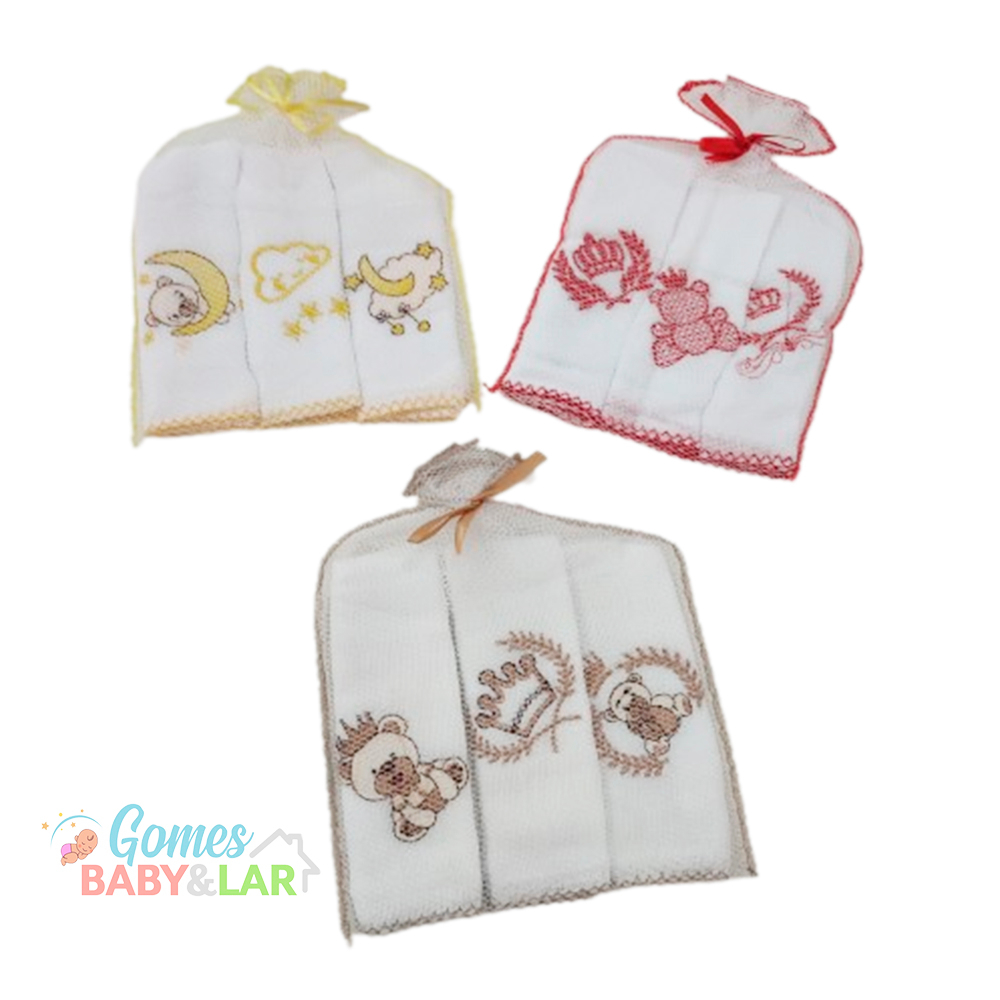 Kit 3 Babete Fraldinhas de Boca Pano de Boca Para Bebê Bordada Menina e Menino