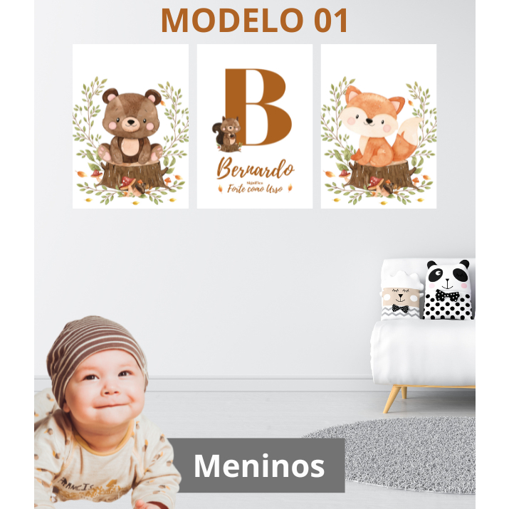 Placa Quadro Decorativo MDF 3 Peças Personalizada Infantil Floresta Animais Bosque Encantado Urso Raposa em Oferta na Shopee