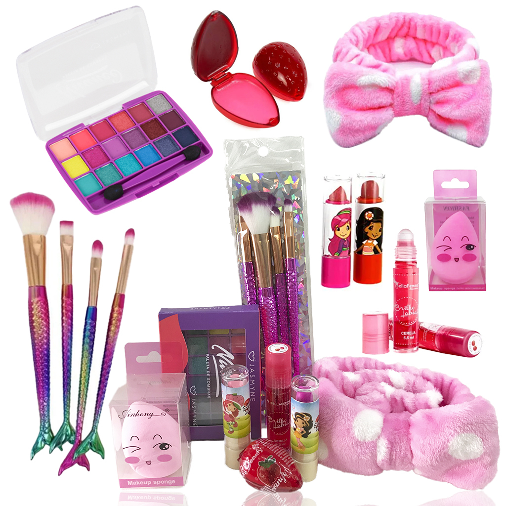 Kit de Maquiagem Infantil Completo Pincel Sereia Batom Sombras Rosinha Brilho Labial Menina Princesa em Oferta na Shopee