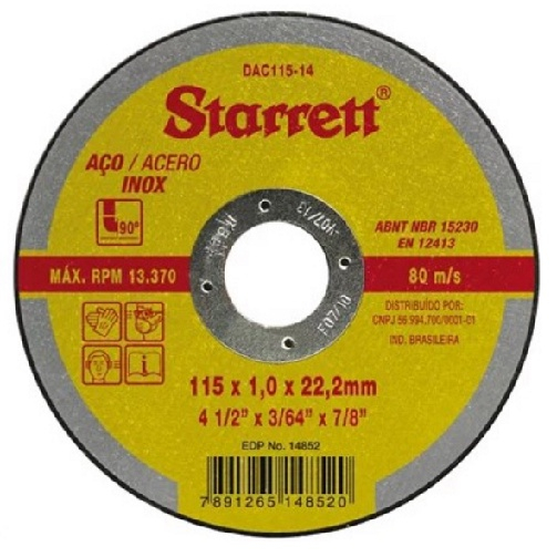 Disco de Corte Aço Inox 115 X 1 X 22,2 Mm Starrett DAC 115 - 14 Kit Com 06 Disco