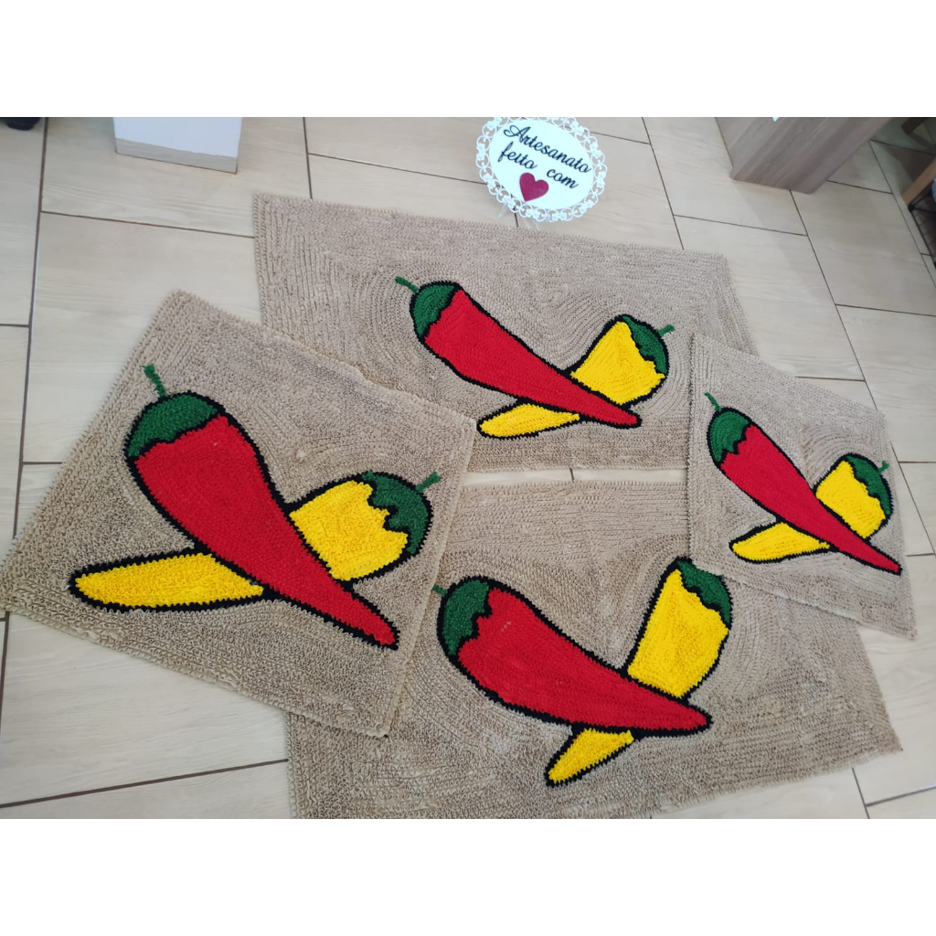 Jogo de Tapete De Frufru Cozinha 3 Peças Modelo de Pimeta