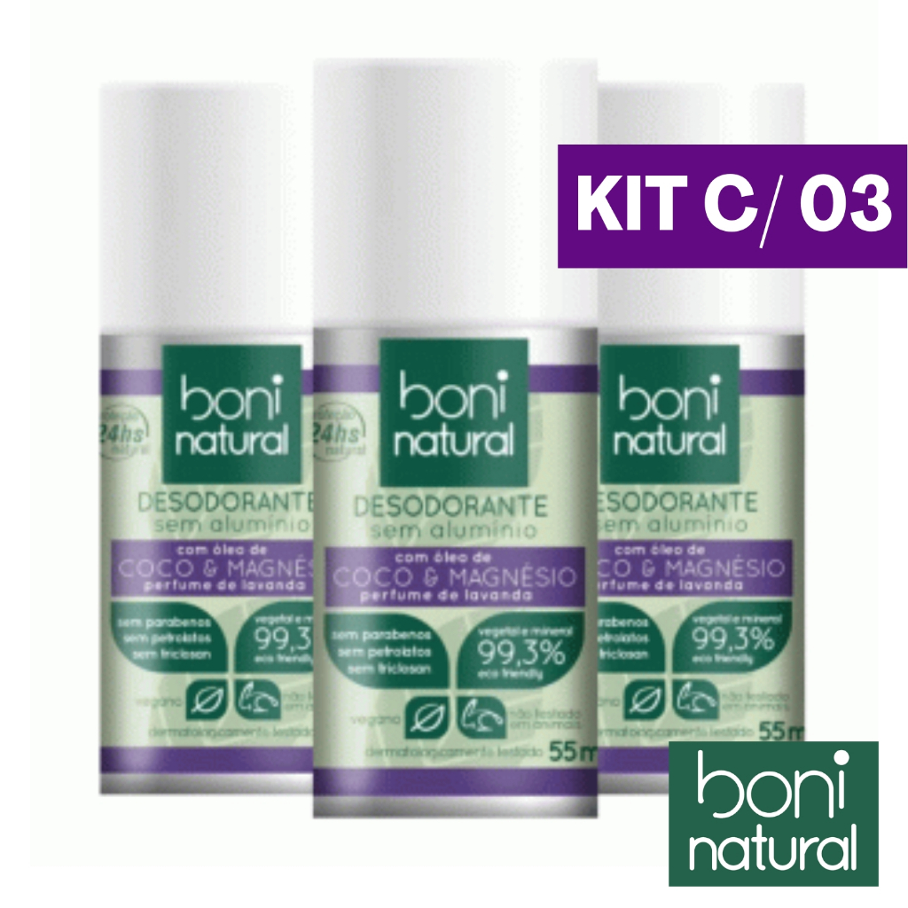 Kit 3 Desodorante Roll On Sem Alumínio Aroma Lavanda Coco e Magnésio 55ml Boni Natural