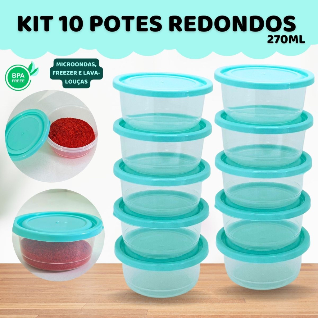 Kit 10 potes Redondos Conjunto Marmita Vasilha Plástica Porta fruta Marmitinha Salada Potinho Lanche Snack Mantimento Geladeira Utensílios Resistentes para Cozinha e Casa