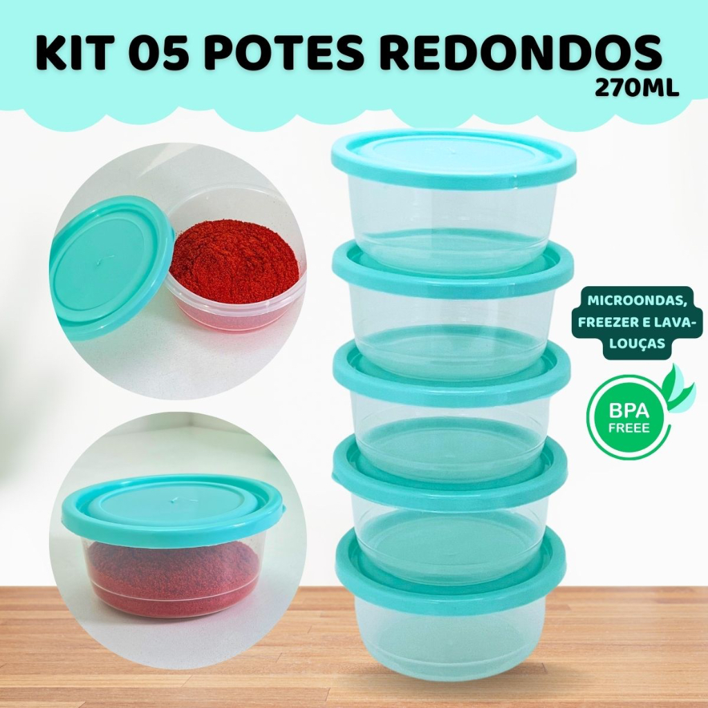 Kit 5 Potes Conjunto Redondo 270mL Vasilha Plástica Transparente com Tampa Cores Sortidas Kit Marmita Vasilha Plástica Porta fruta Marmitinha Salada Potinho Lanche Snack Mantimento Geladeira