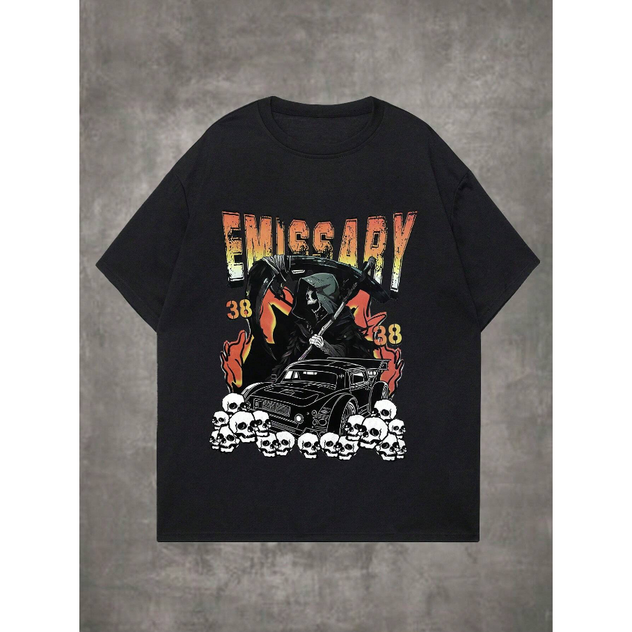 Camiseta Emissary Death Caveira Carro Oversized Long Line Gótico Streetwear Style Dark Vibe