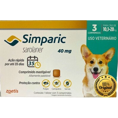 4 Remedios Antipulgas e Carrapatos Simparic 40 mg para cães 10,1 a 20 kg - Zoetis - Envio Rapido