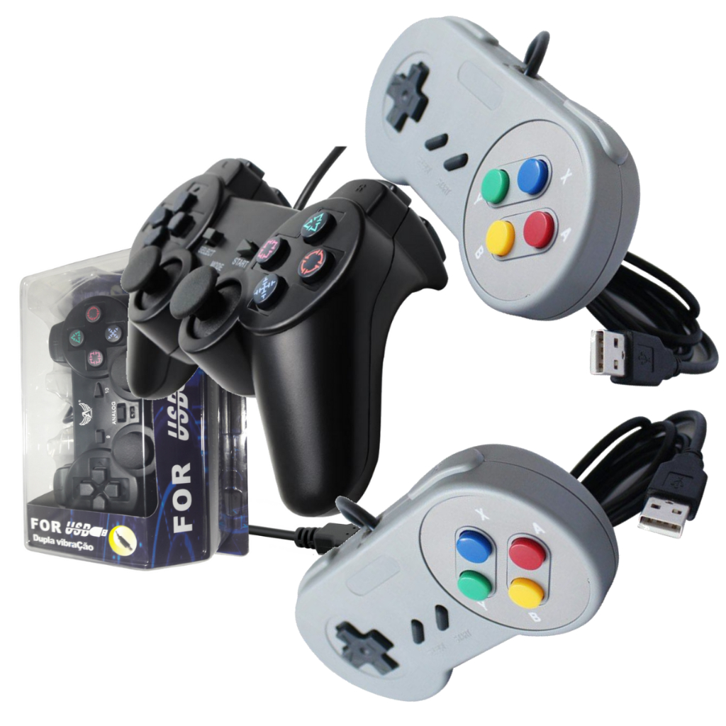Super Kit 3x Controles USB Joystick Games Retro Computador Raspberry Manete Pc 1x Modelo Ps2 + 2x Snes