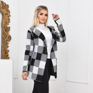 Cardigan Xadrez Sobretudo Tricô Inverno Luxo