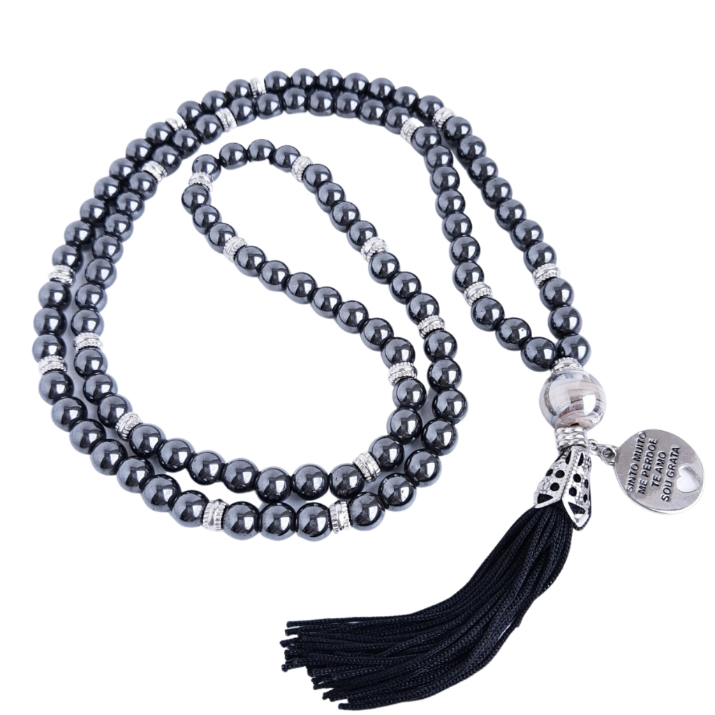 Japamala 108 contas em Pedra Natural Hematita e pingente Ho'oponopono