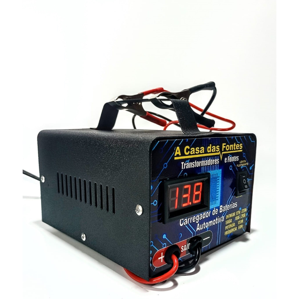 Carregador Bateria Automotiva Carro Moto 20ah Carga Lenta Rapida Partida Caminhao Onibus Barco