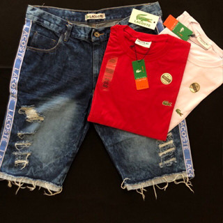 Kit Bermuda Jeans Masculina + Camisa Malha 100% Algodão / Short Jeans Rasgado Camiseta Masculina Lala