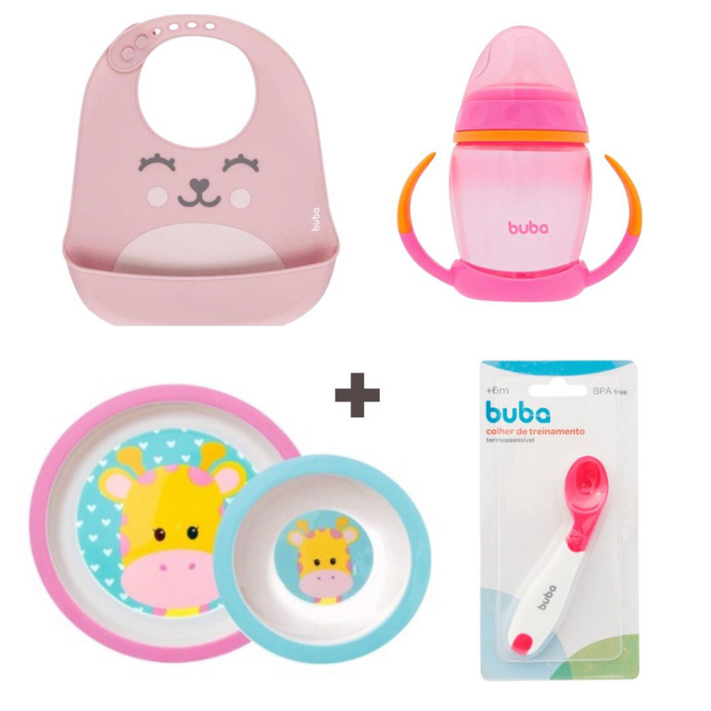 Kit Introdução Alimentar Buba com Pratinho Raso, Prato Bowl (tigelinha), Babador Silicone Pega Migalhas, Colher Termossensível e Copo Infantil de Treinamento com bico de silicone Girafa Girafinha Rosa Menina