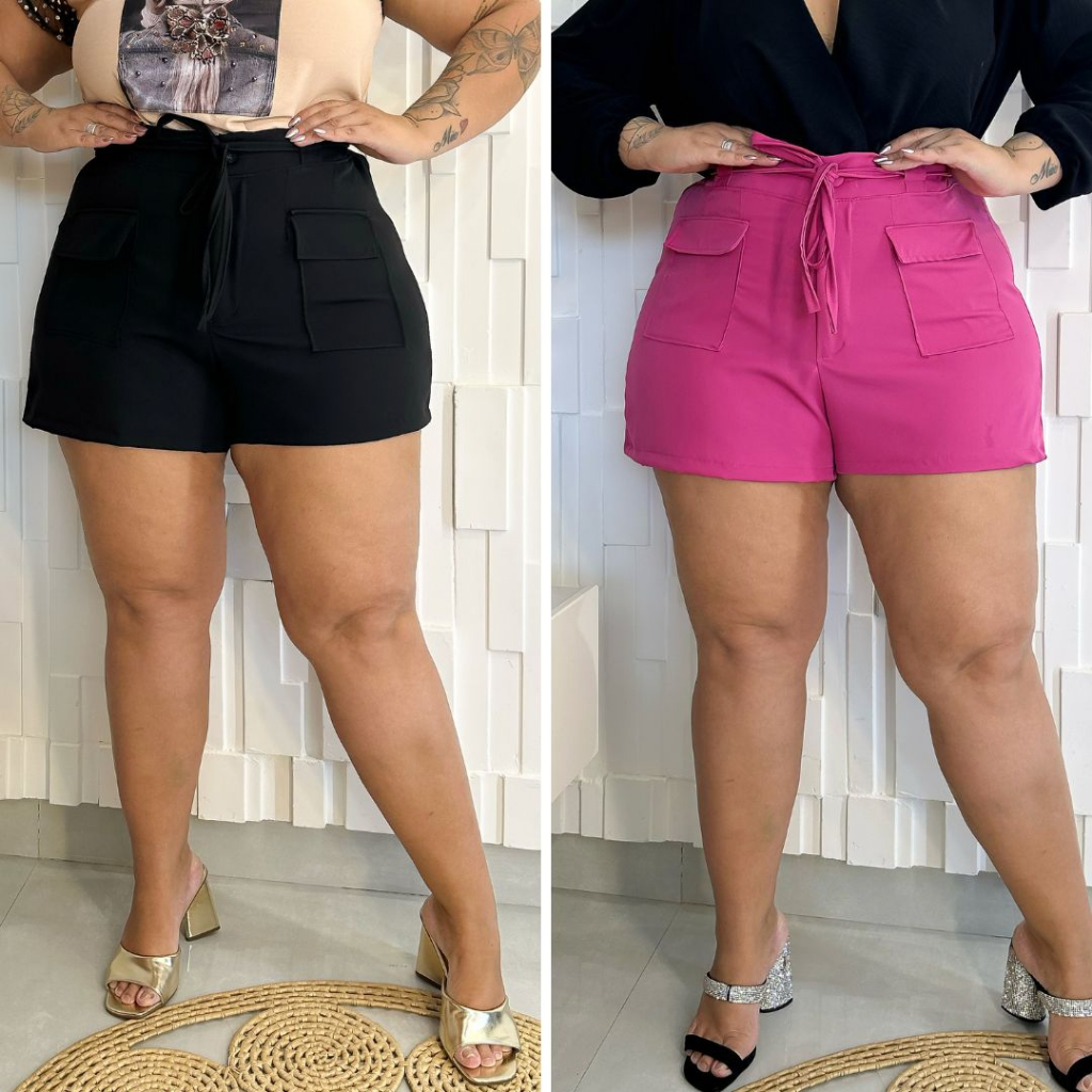 Detalhes do Kit 2 Bermudas Crepe Feminina Plus Size Cores Lisas All Curve