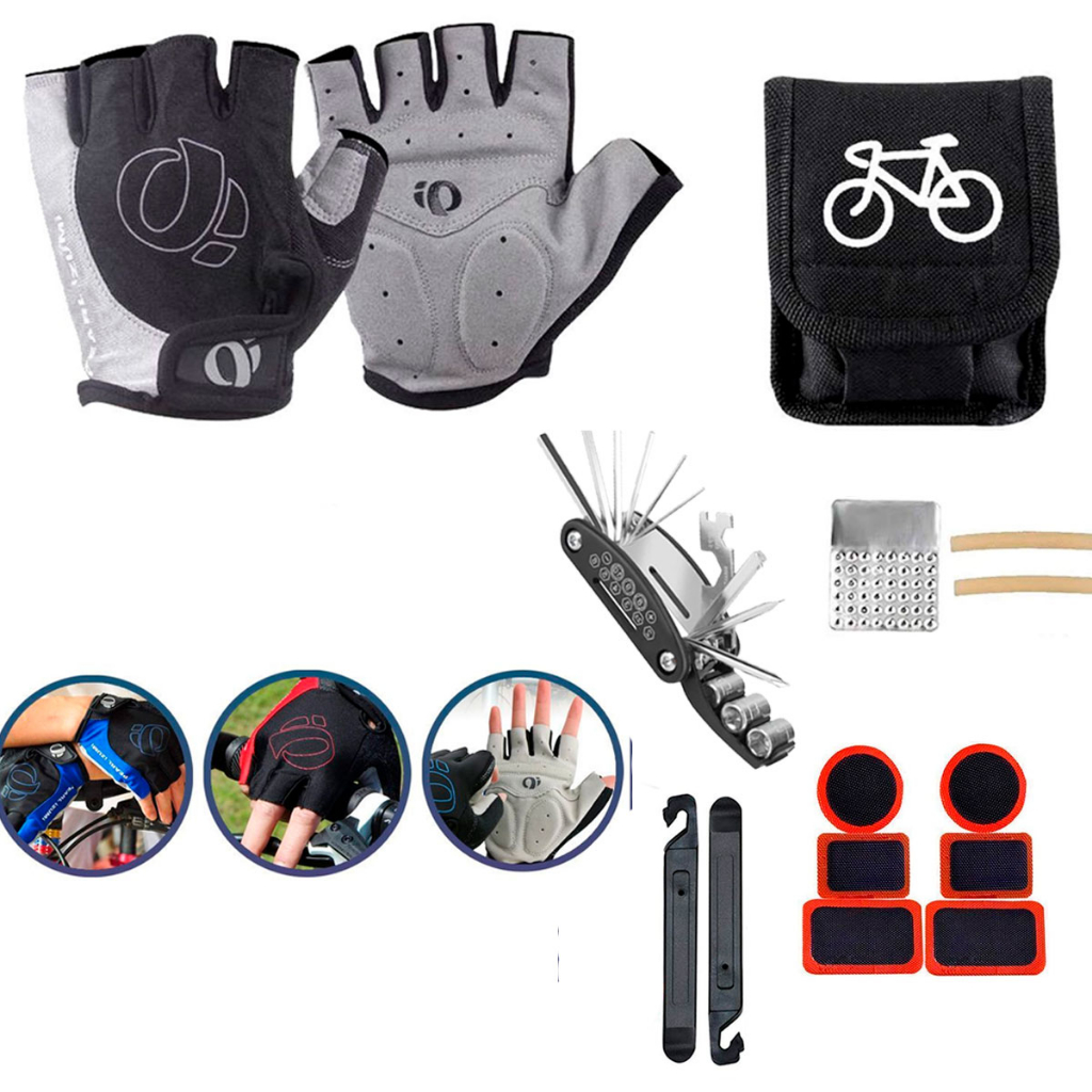 kit Luva De Ciclismo Meio Dedo Gel Ciclista Bike Bicicleta + Kit reparo Ferramentas Bike Manutenção Remendos Pneus Bolsa + chaves