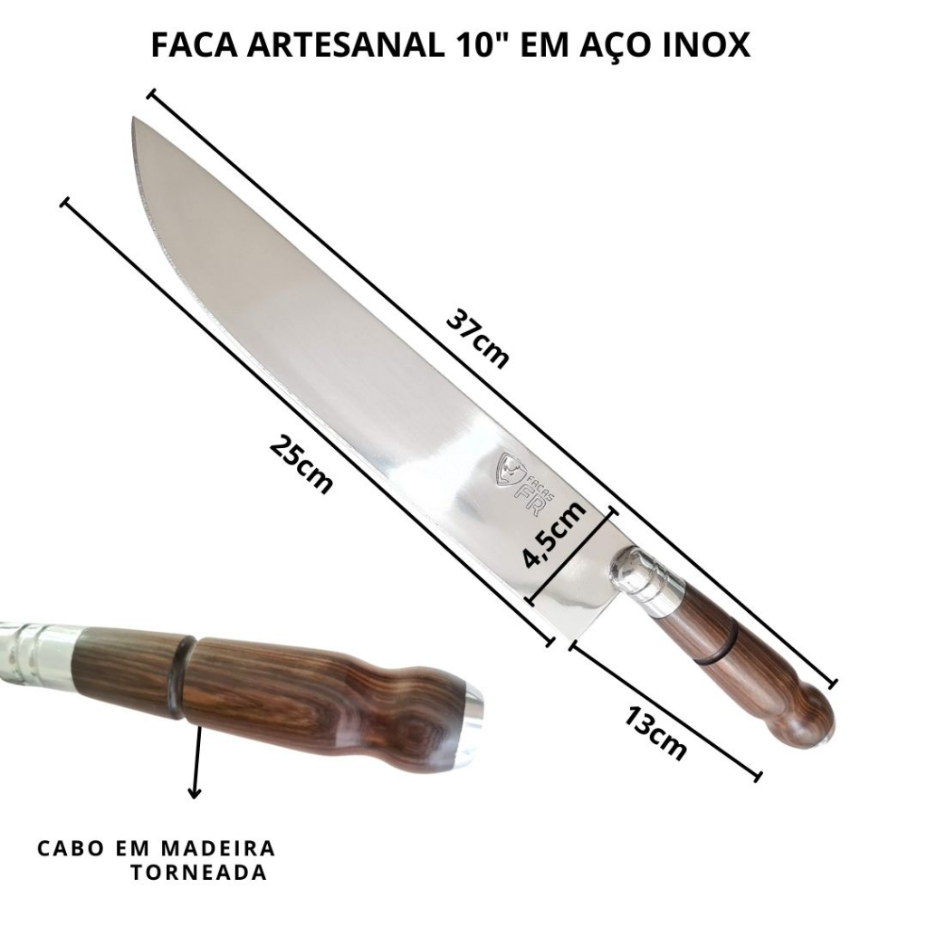 FACA ARTESANAL PARA CHURRASCO 10 POLEGADAS CABO DE MADEIRA NOBRE