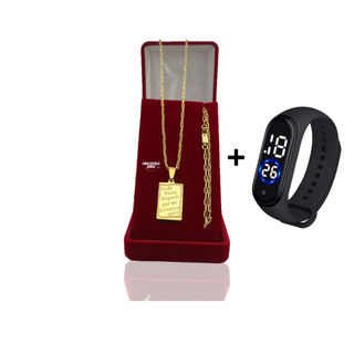 Corrente masculina Infantil cadeado 2mm + Pingente Tudo Posso + Relógio De Pulso Digital Com LED Prova D'água