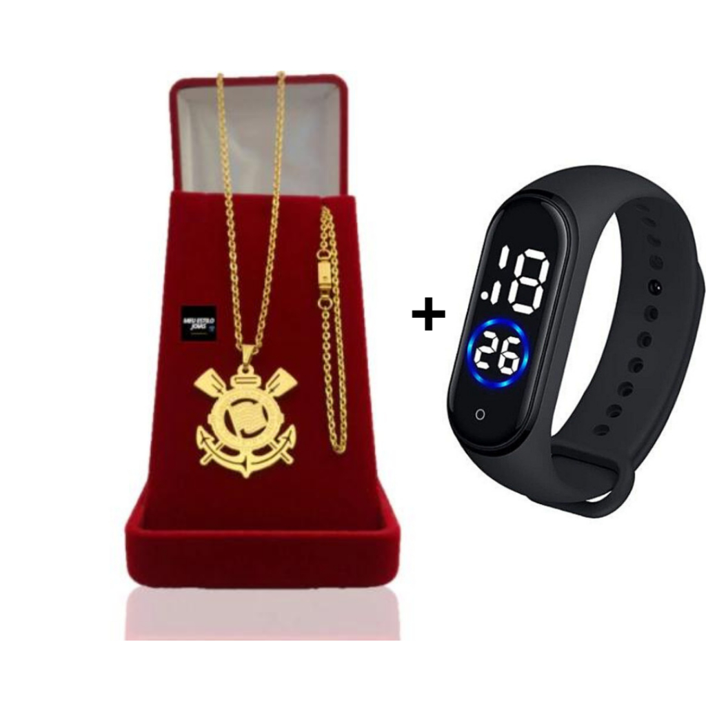 Corrente masculina Infantil cadeado 2mm banhado a ouro + pulseira com pingente Time C + Relógio De Pulso Digital Com LED Prova D'água Correntinha Infantil
