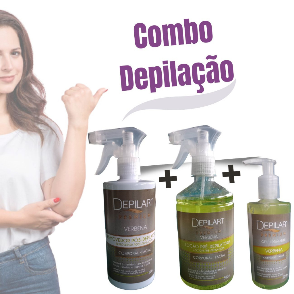 Combo Loção Pré Depilação 500ml + Pós 500ml + Gel Calmante 250ml Depilart