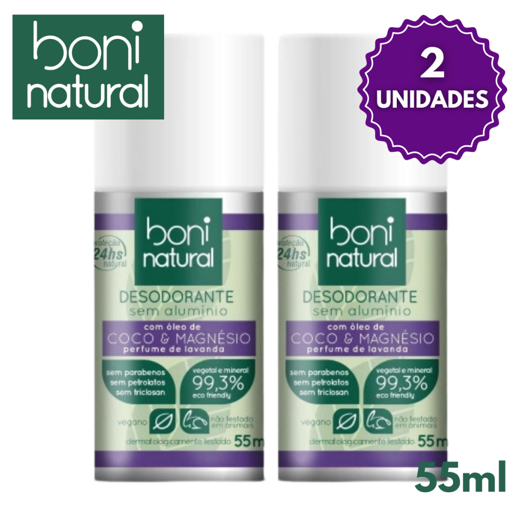 2x Roll On Desodorante Corporal Óleo de Coco e Magnésio Perfume de Lavanda 55ml