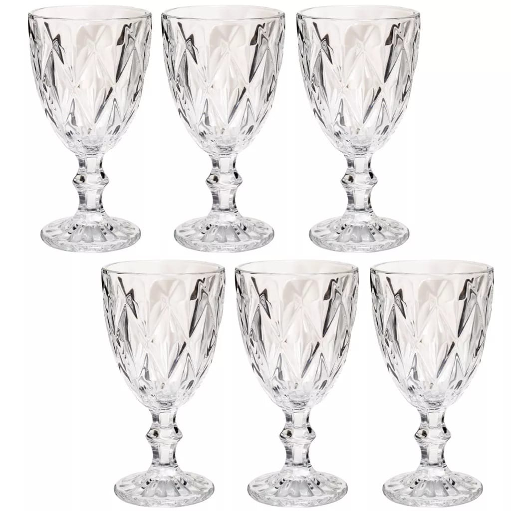 Jogo Taça Diamante Kit 6 Copo Vidro Transparente 340ml Bico De Jaca Copos Diamante Agua Taça