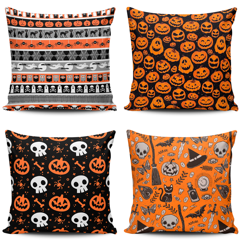 Enfeite Halloween Capas de Almofadas Temáticas Kit com 4 Unidades Dia das Bruxas