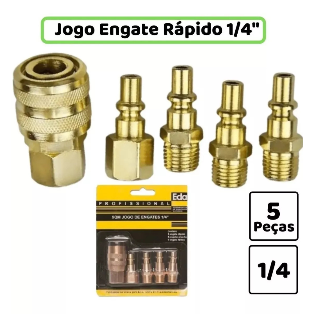 Engate Rápido Ar Comprimido 1/4 Pneumático 5 Jogo C/ 5 Peça