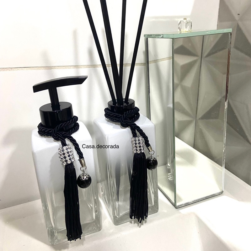 Kit Lavabo / Banheiro Porta Escovas espelhado Branco Difusor de Ambiente Vareta de fibra Válvula pump Preta Saboneteira