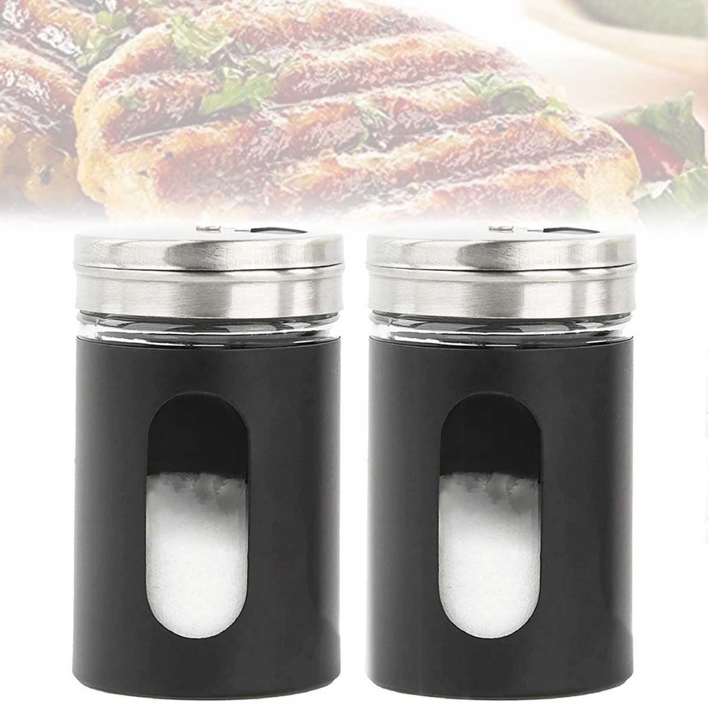 Kit 2 Saleiros Pimenteiro Paliteiro Moderno Inox Vidro Com Ajuste Gramatura Porta Tempero Condimento Especiarias Vermelho Preto 4x8cm