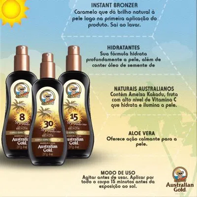 AUSTRALIAN GOLD SPRAY GEL PROTETOR SOLAR COM BRONZEADOR INSTANTÂNEO 237g