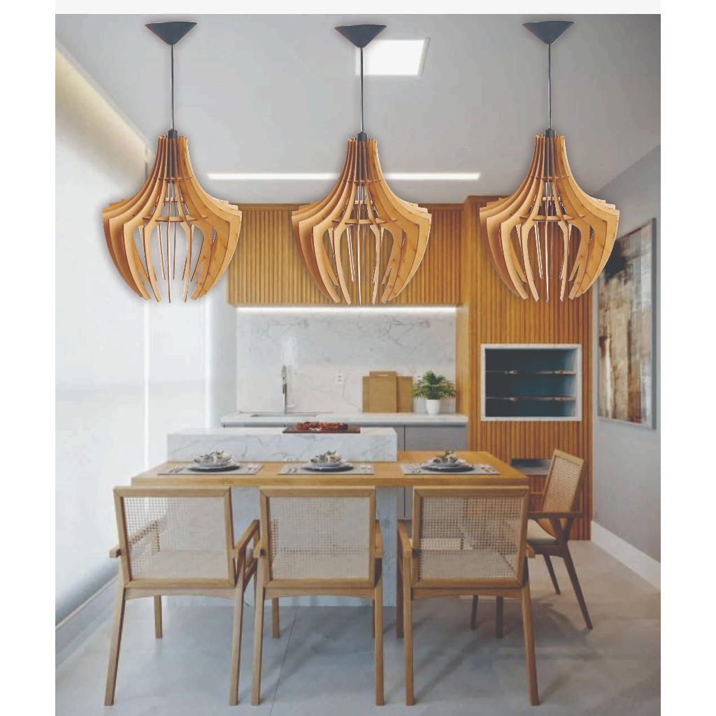 Kit 3 Luminária Pendente Lustre Mdf Aranha Teto, Gourmet, Sala, Cozinha, sem fiação e sem canopla