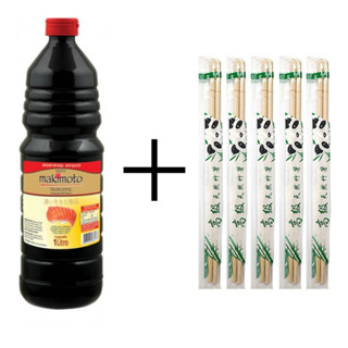 Kit Sushi Molho Shoyu Premium 1,01L Makimoto + 5 Pares de Hashi de Bambu