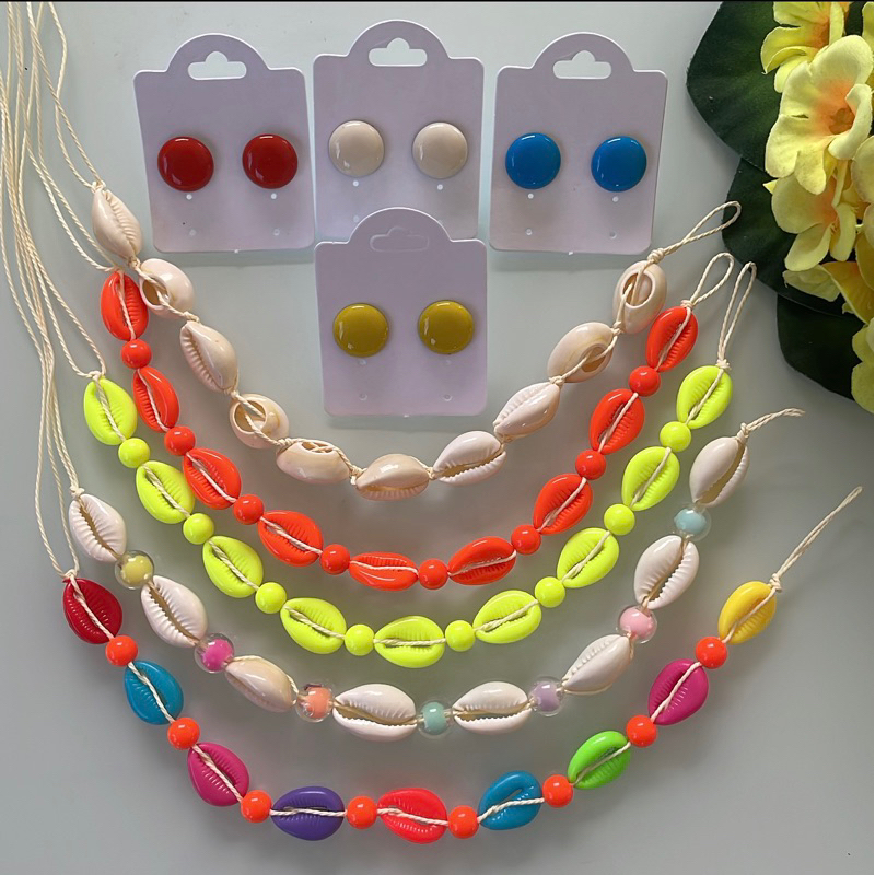 Kit colar Chocker buzios concha + brinco botao 1 cm resina coloridos femininos