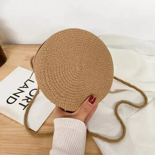 Bolsa Feminina Pequena Palha Sintética Trama de Celulose Redonda Alça Corda