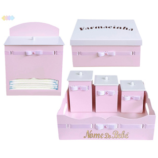 kit Higiene Menina 06 Peças em MDF cor Rosa e Fita Branca em Oferta na Shopee