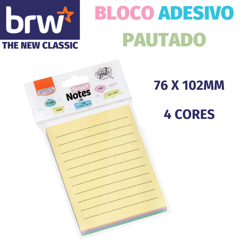 Bloco Pautado Notas Adesivas Lembretes Recados BRW Colorido Tom Pastel - 100 Folhas