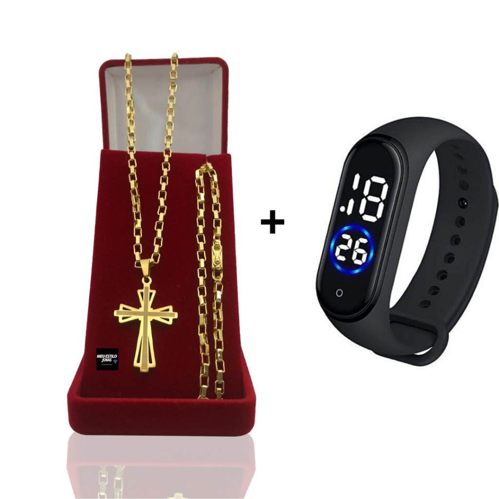 Correntinha Masculina Banhado Ouro Tijolinho 3mm Com Pulseira e Pingente Cruz  Vasada + Relógio Digital Prova Dagua Correntinha Masculina
