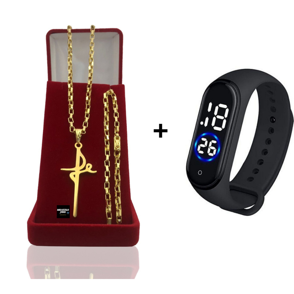 Correntinha Masculina Banhado Ouro Tijolinho 3mm Com Pulseira e Pingente Letra Fé + Relógio Digital Prova Dagua Correntinha Masculina