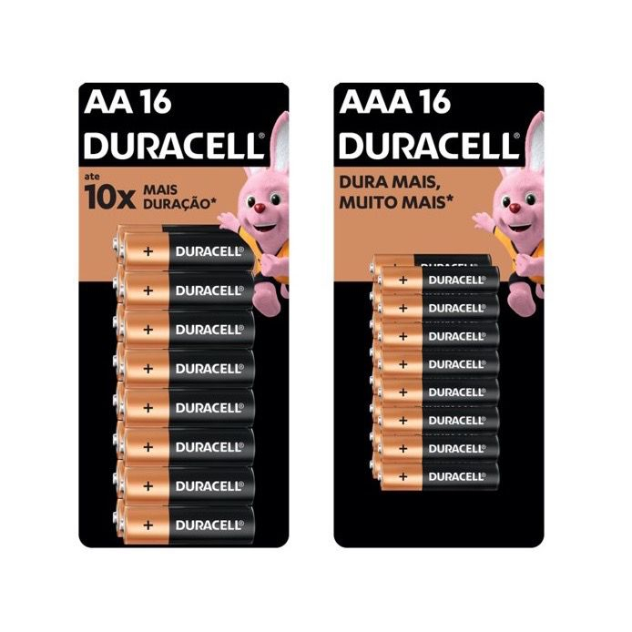 Kit Pilha Duracell Alcalina AA c/16 un + AAA c/16 un Original - Envio imediato