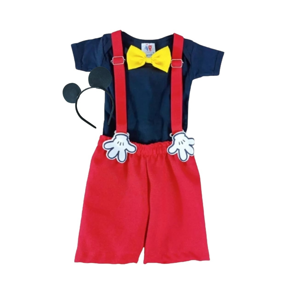 Conjunto Temático Infantil Mickey Festa Fantasia Aniversário Menino Com Tirara Orelhinhas, Camiseta Gravatinha, Suspensório e Shorts