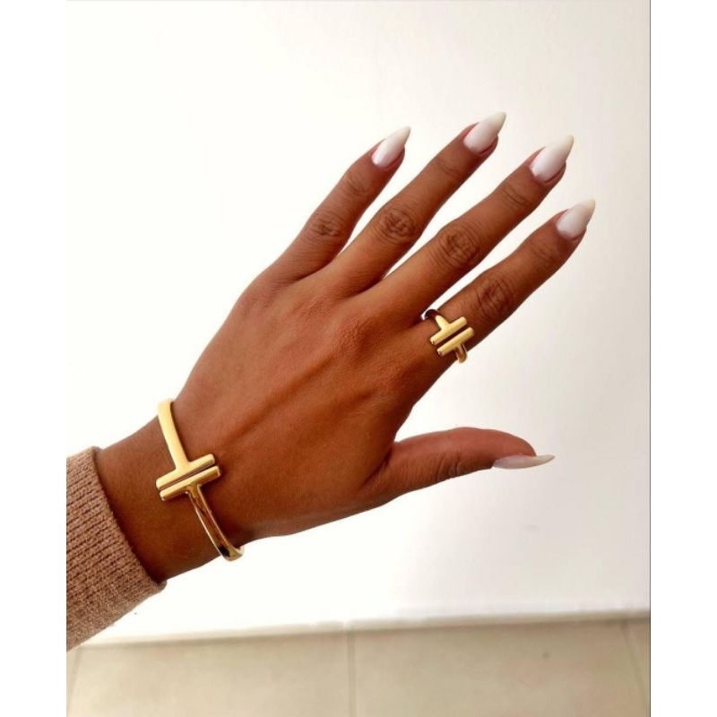 Kit Pulseira e Anel Feminino T Dourado Banhado Ouro 18K Luxo Premium Semijoia