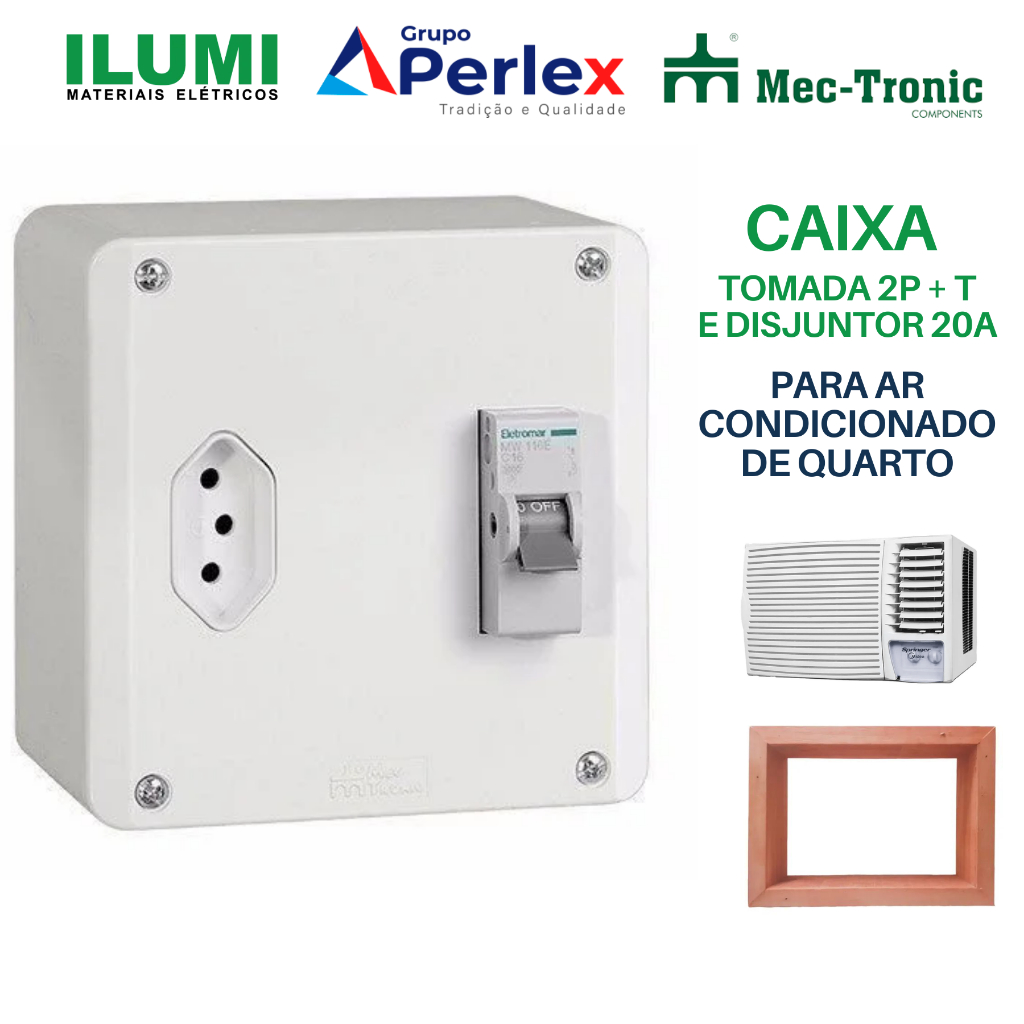 Caixa De Embutir ou Sobrepor Para Ar Condicionado Com Tomada 2P+T 20a e Disjuntor