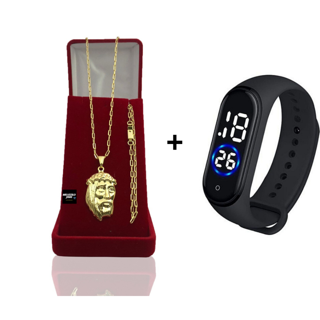 Corrente Masculina Infantil Banhado Ouro 2mm Com Pulseira e Pingente Face de Cristo +  Relógio Digital Prova Dagua Correntinha Masculina Infantil