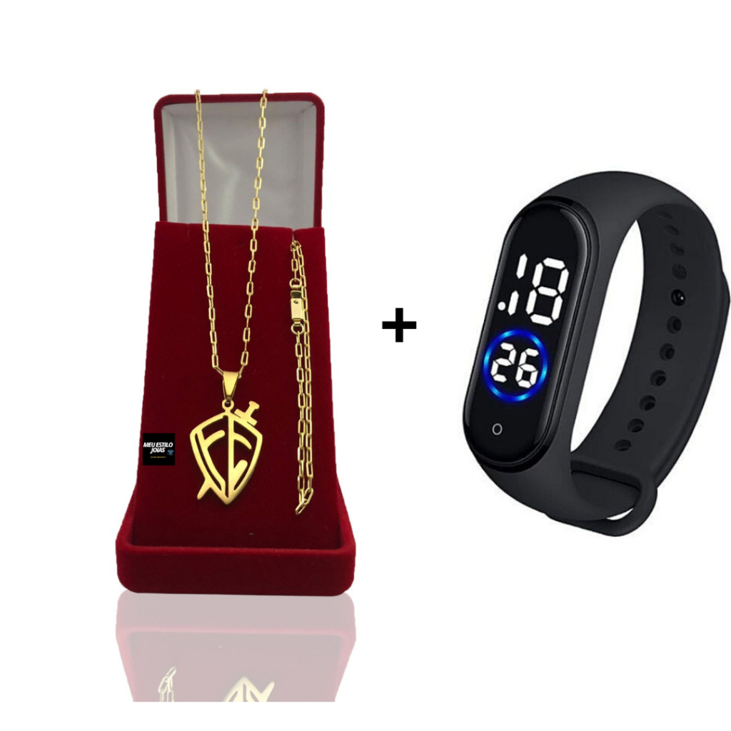 Corrente Masculina Infantil Banhado Ouro 2mm Com Pulseira e Pingente Escudo Da Fé +  Relógio Digital Prova Dagua Correntinha Masculina Infantil