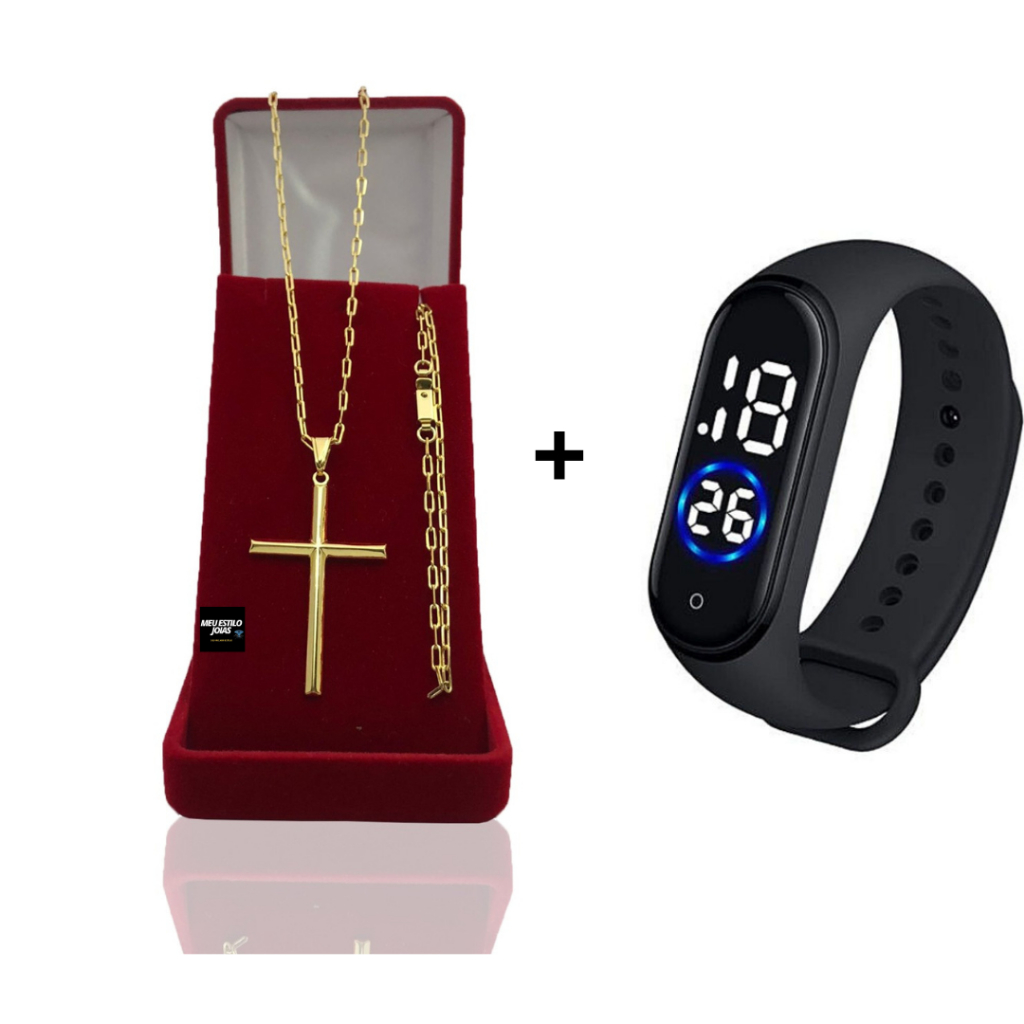 Corrente Masculina Infantil Banhado Ouro 2mm Com Pulseira e Pingente Cruz Palito G +  Relógio Digital Prova Dagua