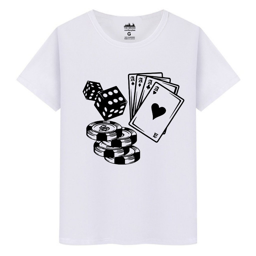 Camiseta Masculina Casual Algodão Premium Casino Poker Jogos Aposta Baralho Cartas