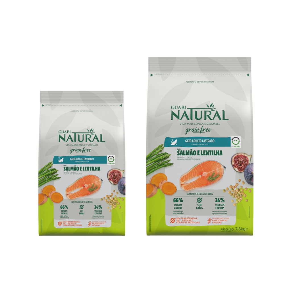 Ração Para Gatos Castrados Guabi Natural Grain Free Salmão e Lentilha - 1,5Kg ou 7,5Kg