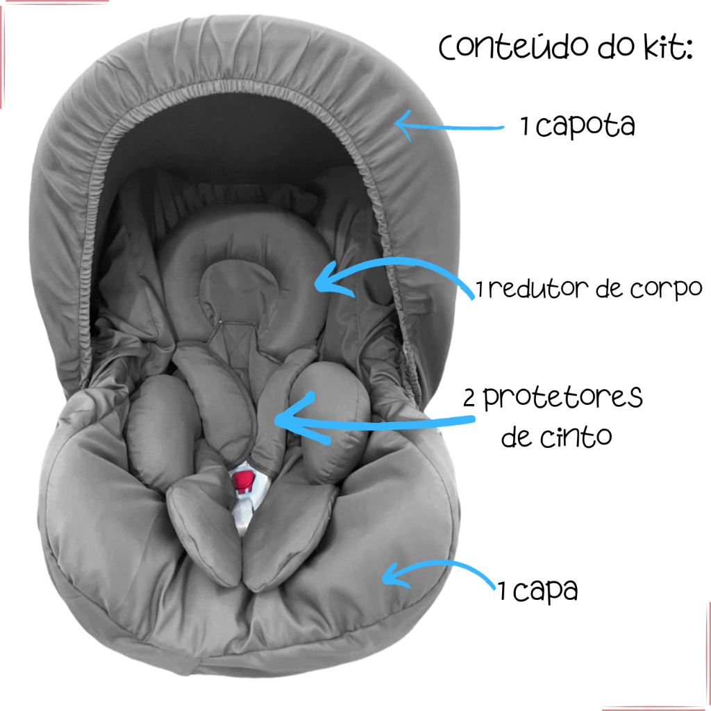 Kit 5 peças Cinza para bebê conforto Capa Protetor Cinto Capota Apoio de Corpo Microfibra, Marque na Memoria a Chegada De Seu Bebe Nesse Lindo Bebe Conforto