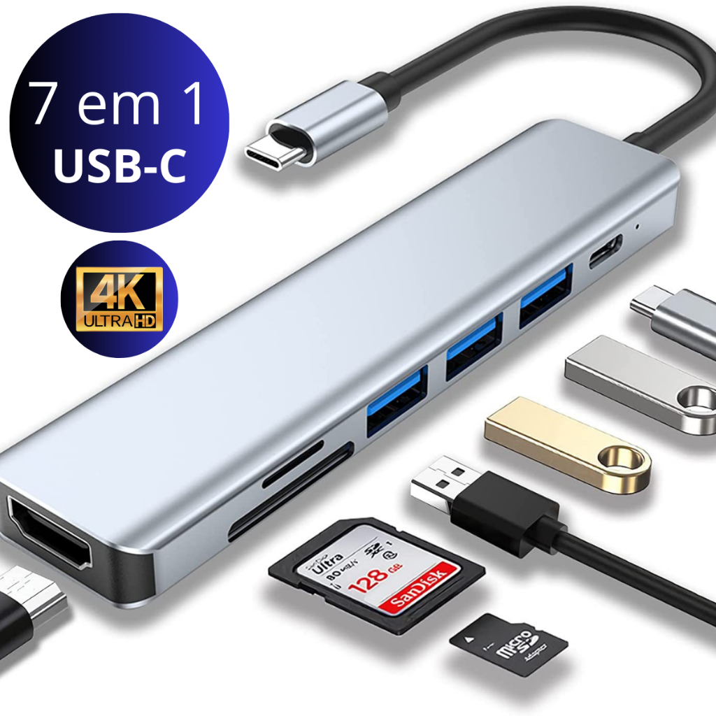 Hub USB Tipo C 7 em 1 HDMI Thunderbolt 4K 3 Docking Station Adaptador Notebook Laptop Compatível com Macbook Air M1 ThinkPad